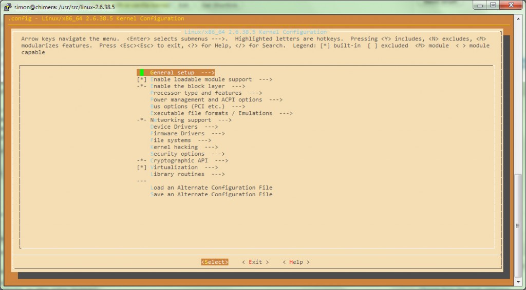 Command line screenshot for "make menuconfig"